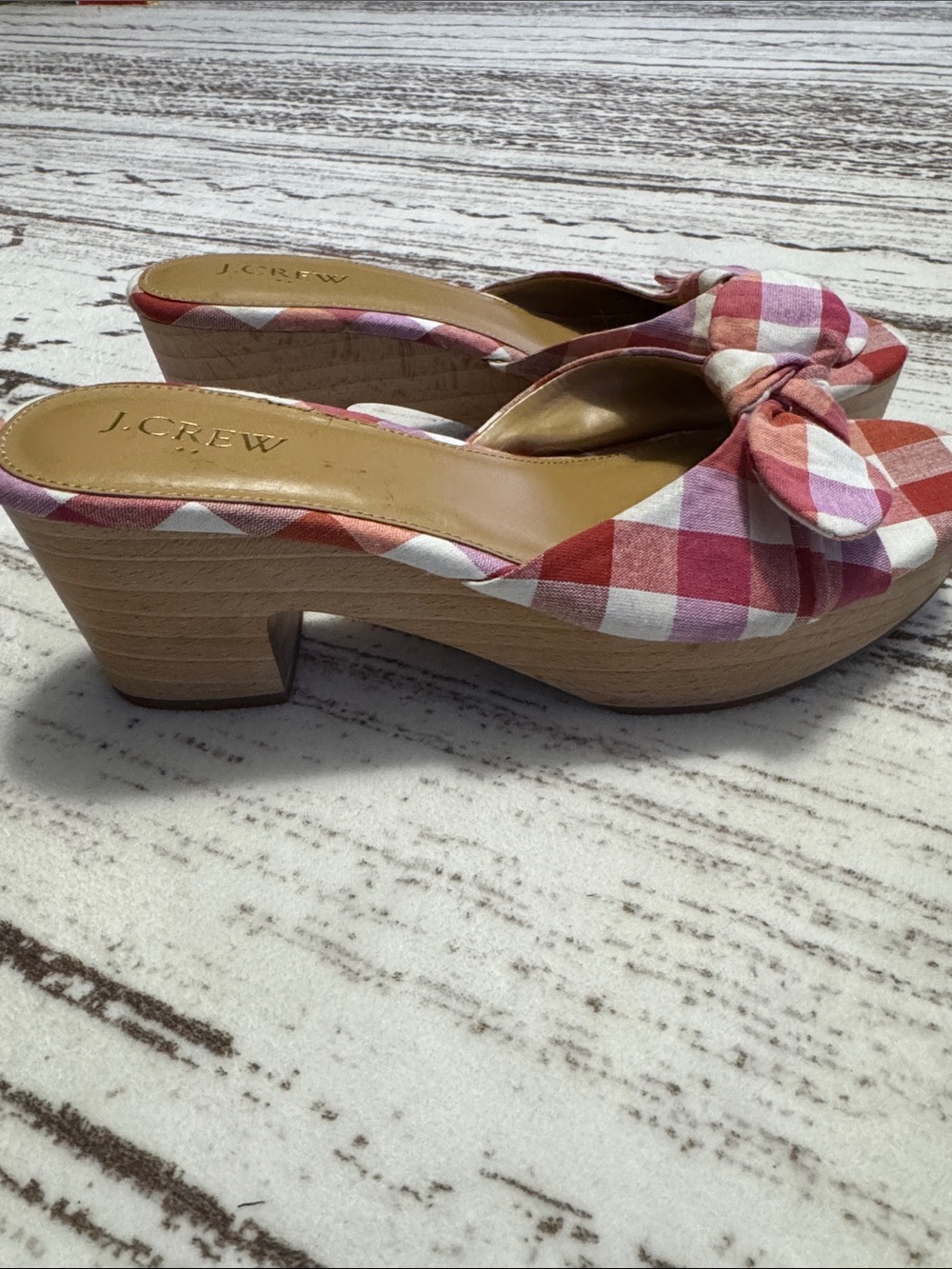 J. Crew Red Pink Gingham Knot Platform Clogs